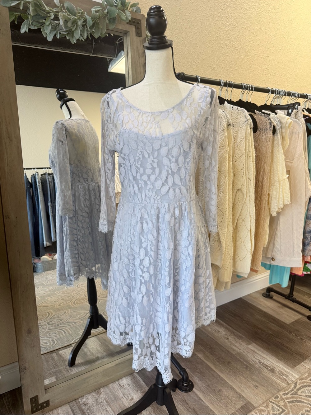 Free People Pale Blue Lace Long Sleeve Fit-and-Flare Dress
